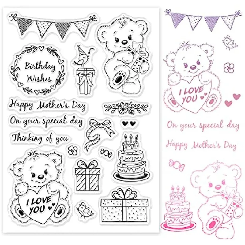 

Силиконовые прозрачные штампы с медведем, прозрачные штампы с днем рождения для дня рождения, открытки ко Дню святого Валентина, изготовление декора для скрапбукинга своими руками