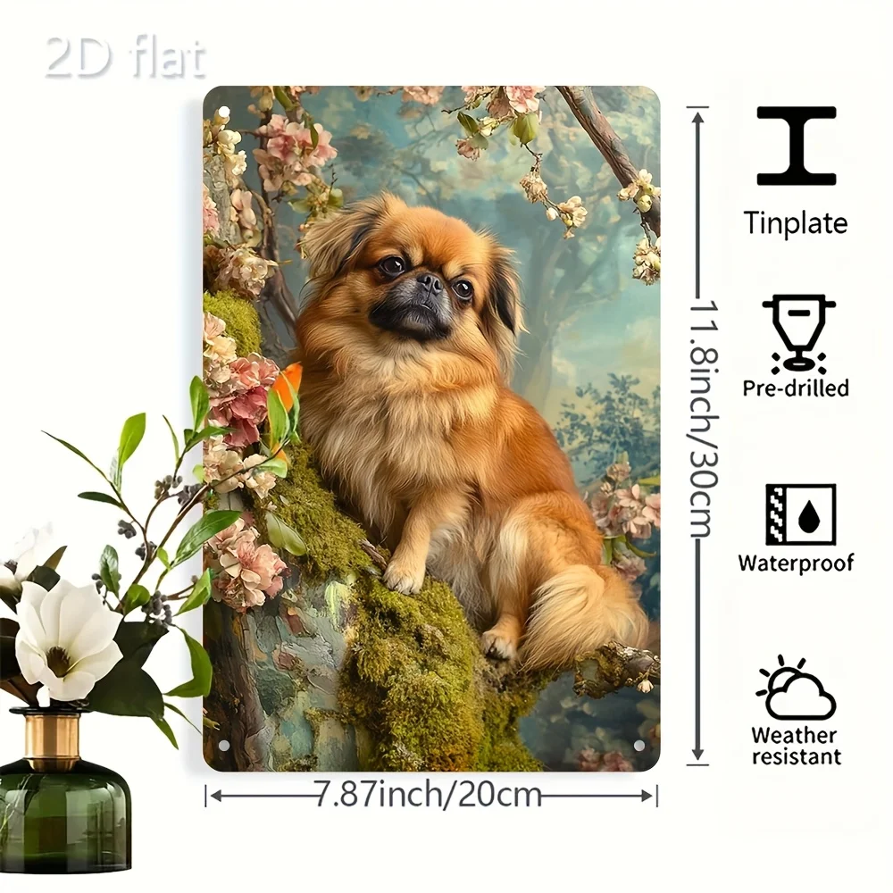 2D Flat 1pc Cute Pekingese Dog Metal Tin Plaque, Vintage Floral Design, 8