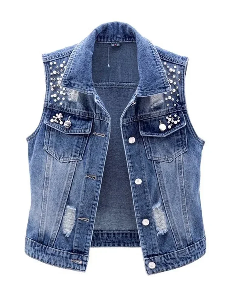 Denim Women Vest Luxury Pearls Fashion Ripped Autumn Jeans Jacket New Causal Waistcoats S-5XL