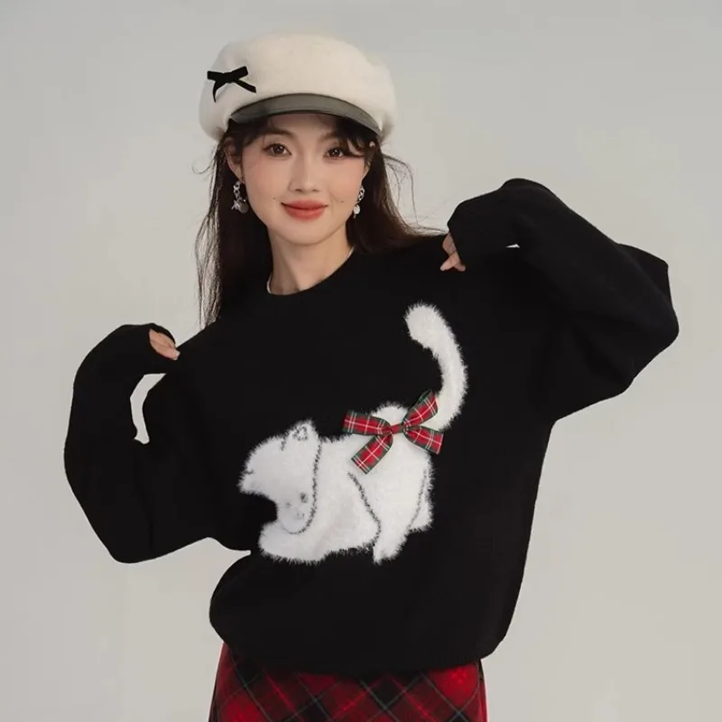 NONSAR الحلو لوليتا سترة المرأة لطيف القط القوس الياقة المستديرة فضفاضة Vintage البلوز الخريف الشتاء أسود أحمر عيد الميلاد البلوزات