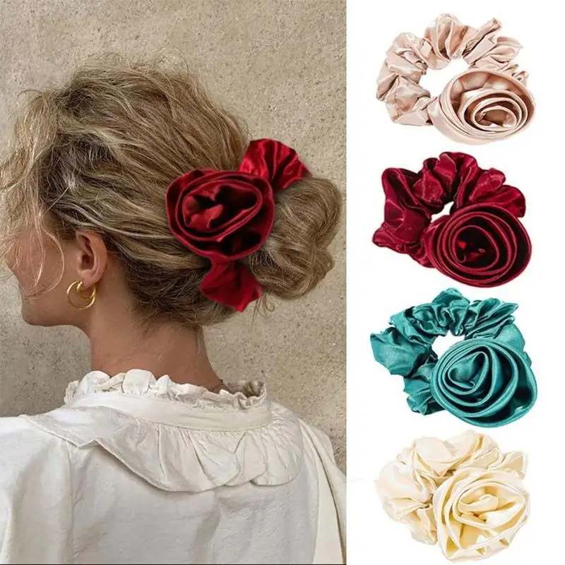 Elastic Korean Hair Bands Flower Design Rubber Band Big Flower Scrunchies Charms Satin Material Satin Hair Rope Casual Wear