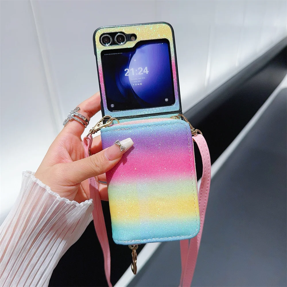 Crossbody Zipper Wallet with Card Holder Phone Case for Samsung Galaxy Z Flip 6 5 4 3 Flip5 Flip4 Flip3 Colorful Glitter Cover