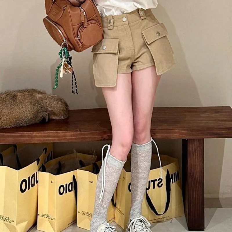 

Джинсовые шорты-карго в стиле ретро с высокой талией и двойными карманами, женские дизайнерские уличные шорты