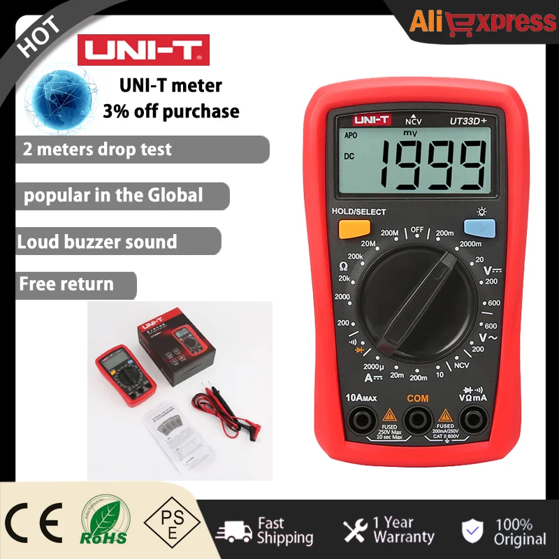 UNI-T UT33D+ Mini Digital Multimeter 600V NCV Palm Size Manual Range AC DC Voltmeter Ammeter Resistance Tester