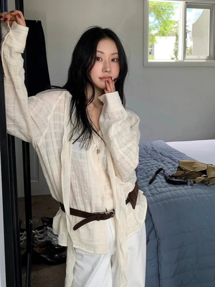 

Loose Cotton Linen irt Women's Chic Summer Thin Simple Long Sve Top Breathable V-ne Button-down Office Sle Pure Color