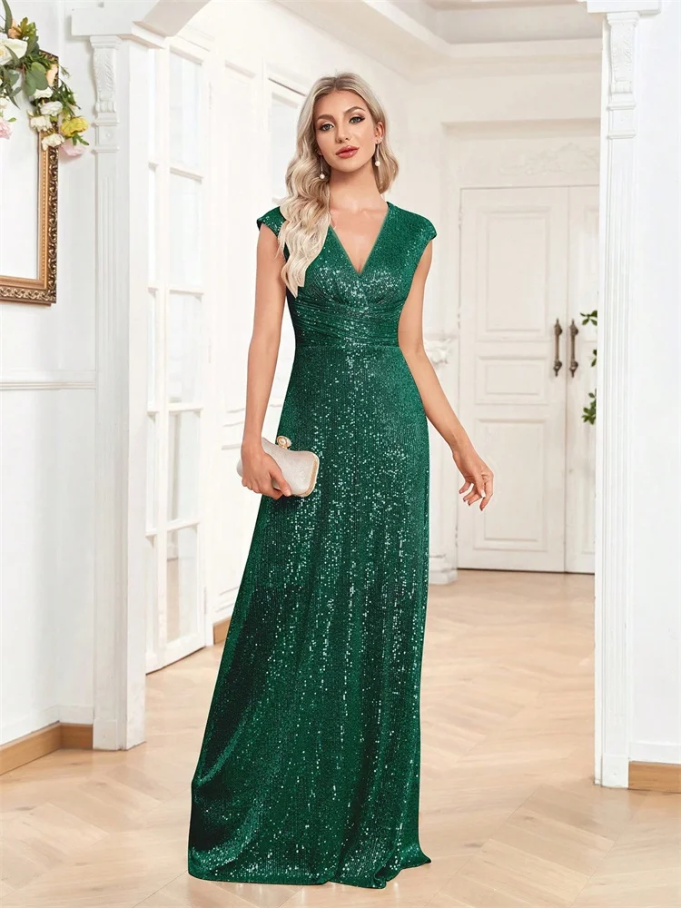 2025 feminino elegante com decote em v sereia vestido de noite até o chão formal azul vestido de festa de baile lantejoulas sem mangas vestidos