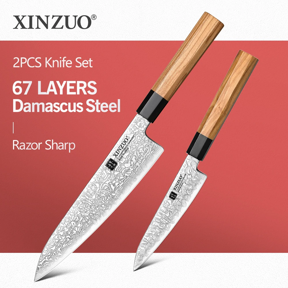 

XINZUO New Design 2PCS Kitchen Knife Sets Chef Knife Utility Knife Custom 67 Layers Damascus Steel Professional Chef's Knife