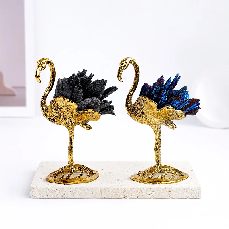 Natural Plated Blue Feather Flamingo Ornament Black Tourmaline Raw Stone Alloy Silver Flamingo Home Decor Desktop Handicrafts