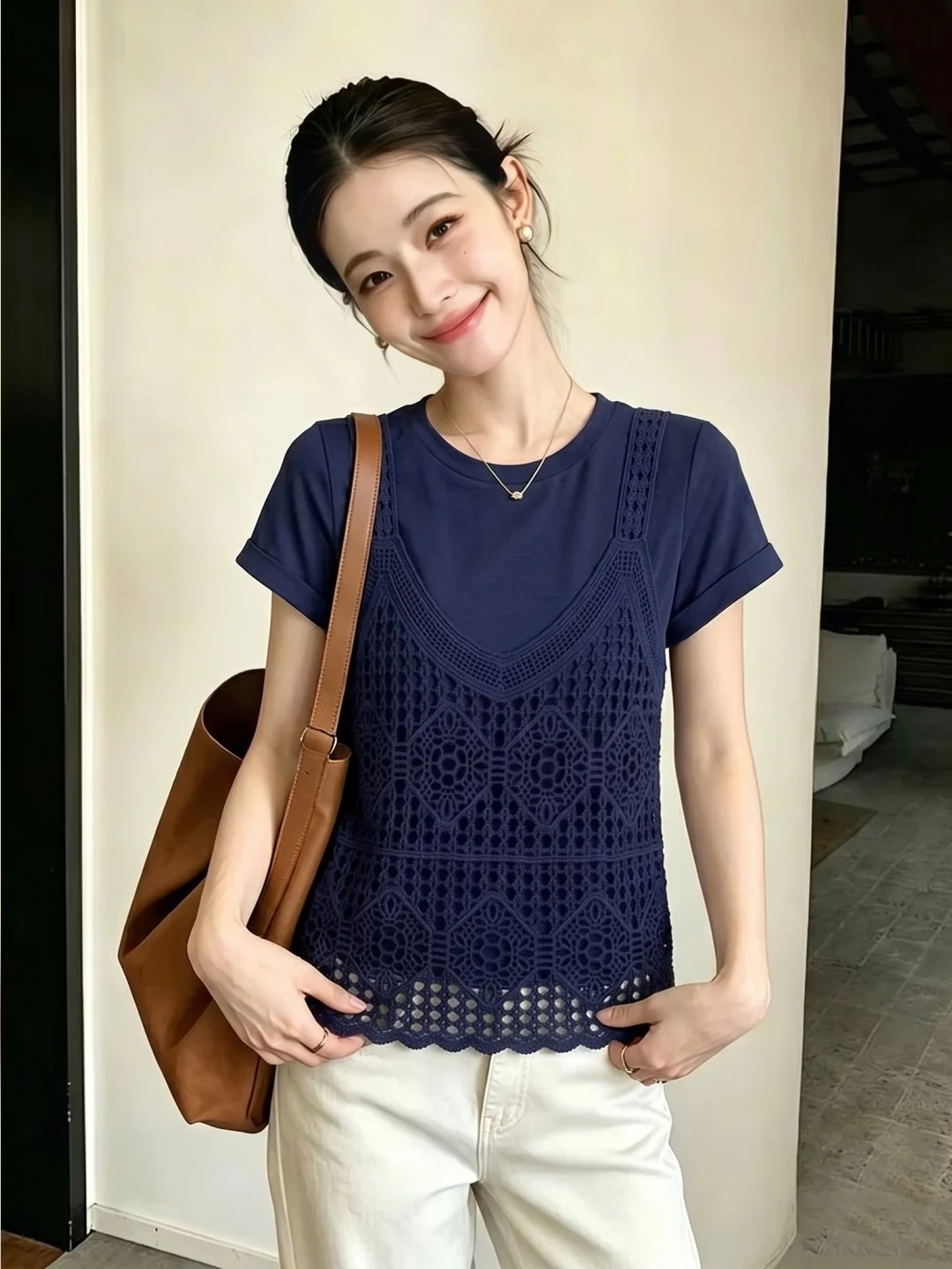 

2026 Summer Fashion Hollow out Lace Overhead Top Commute Lazy Style Color Elegant Design round Neck Small Shirt
