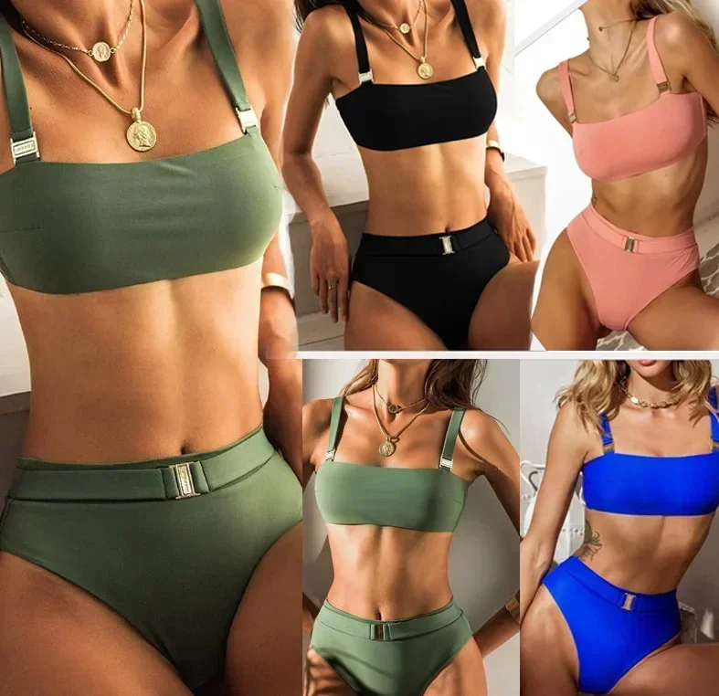 

2023 New Green Color High Waist Two Pieces Sexy Bikini Set Swimsuit Female Women Push Up Beachwear Swimwear Bather Bathing Suit