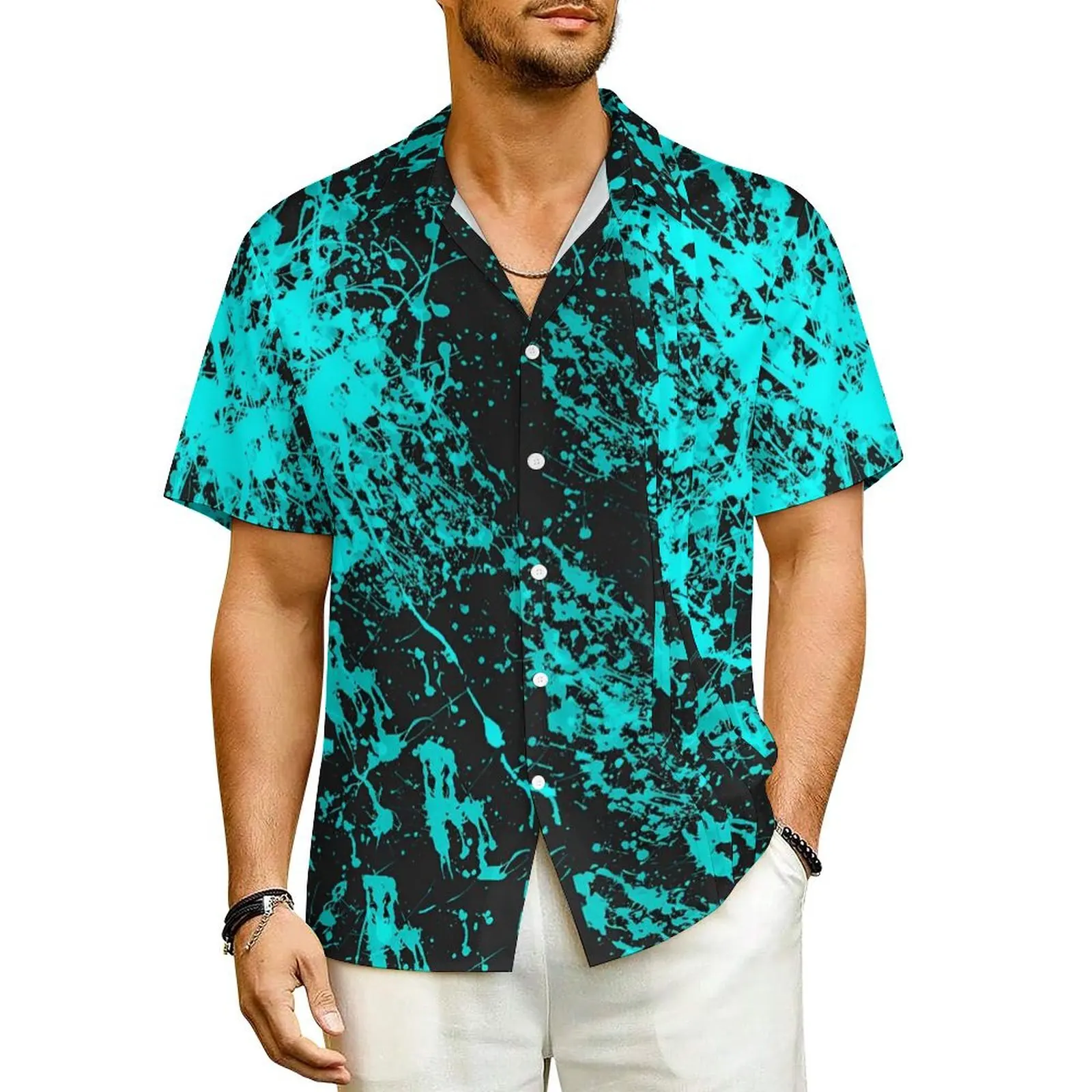 

Paint Brush Splatter Vacation Shirt Men Abstract Print Vintage Casual Shirts Hawaii Short-Sleeve Fashion Oversized Blouses