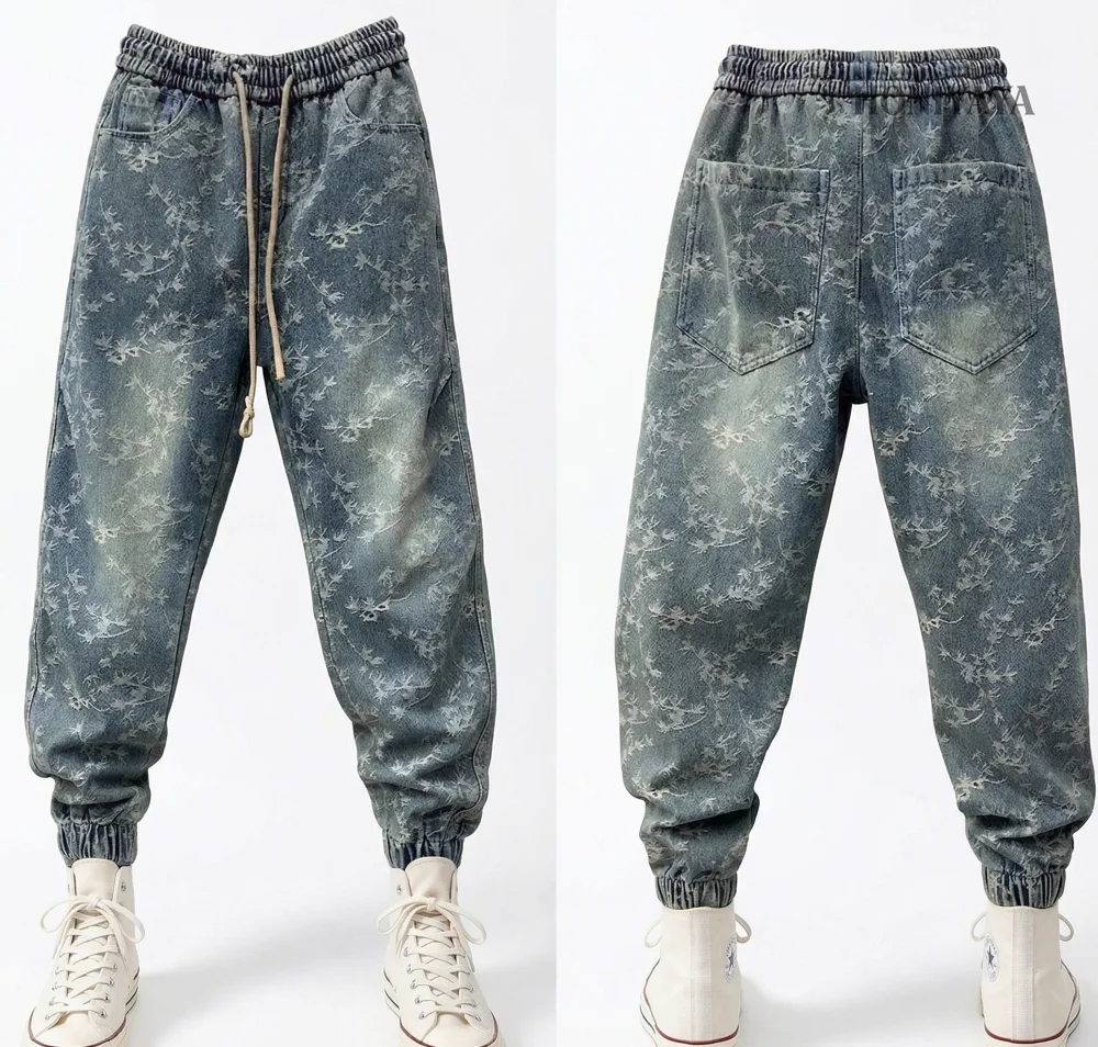 

Mens Vintage Washed Denim Jogger Pants Floral Jacquard Harem Jeans Elastic Waist Drawstring Slim Fit Streetwear Casual Trousers