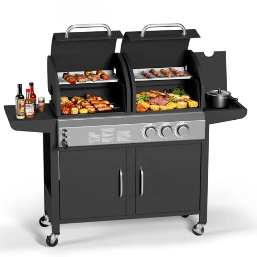 

Propane Gas and Charcoal Grill Combo 24000 BTU Dual Fuel Hybrid with Side Burner Porcelain-Enameled Cast Iron Grate BBQ for Out