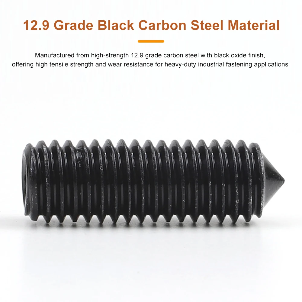 Hex Socket Cone Point Set Screw Black Carbon Steel M2 M2.5 M3 M4 M5 M6 M8 M10 M12 Hexagon Cone Point Grub Set Screw Bolt DIN914