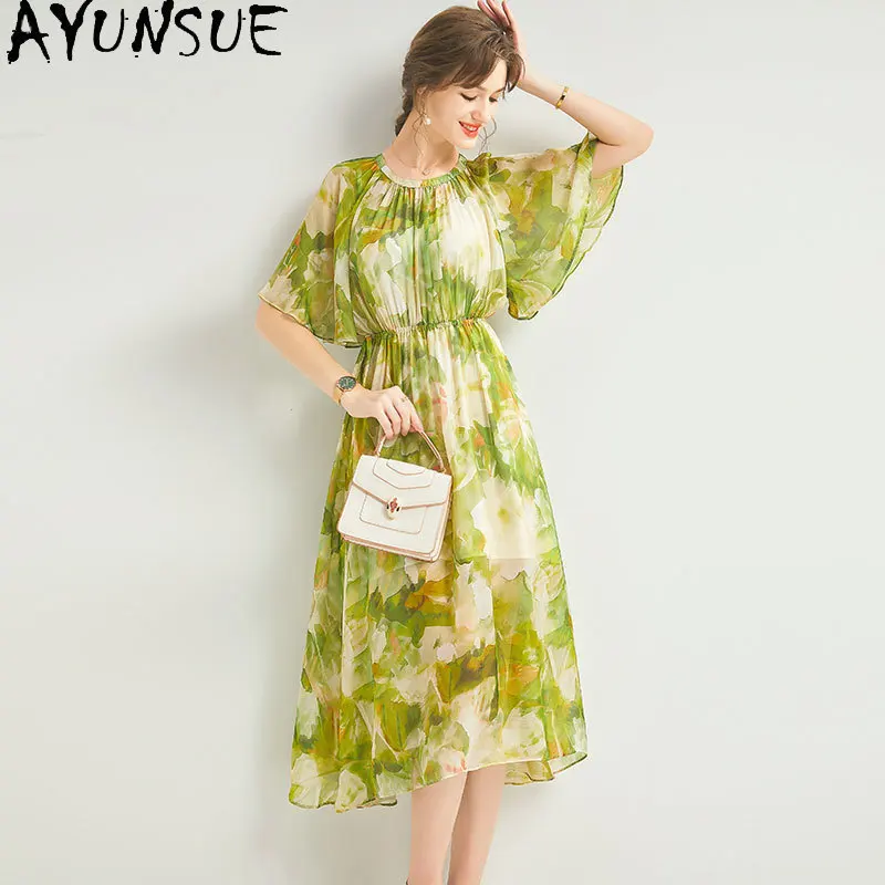 AYUNSUE 100% ผ้าไหมหม่อนแท้ชุดสตรี 2025 Elegantชุดผู้หญิงฤดูร้อนเสื้อผ้าLong Beach Dres Vestido De Mujer