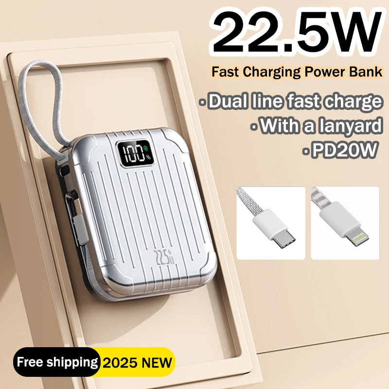 باور بانك جديد 22.5 وات 20000 مللي أمبير في الساعة بطارية محمولة صغيرة مدمجة في كابلات شحن سريع شاحن آيفون وشاومي وسامسونج باور بانك