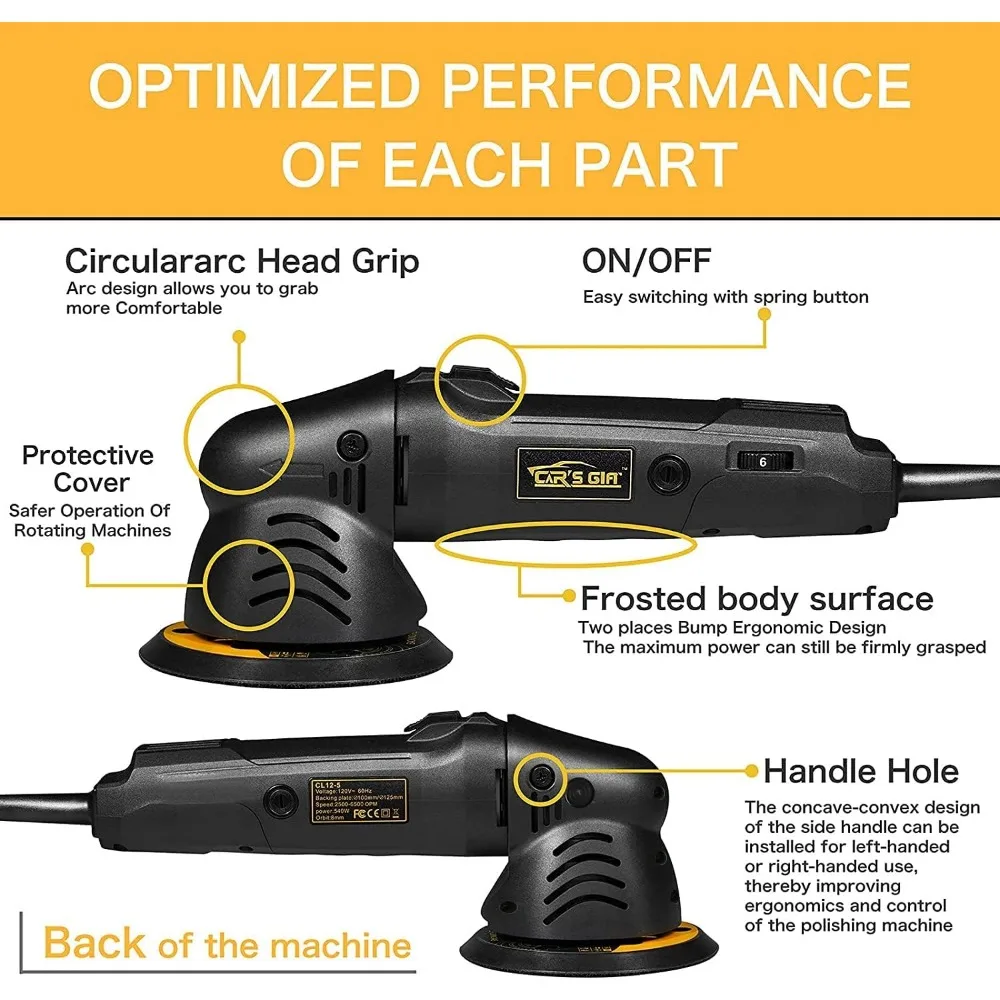 Dual Action Polisher,บัฟเฟอร์รถ 5 นิ้ว Random Orbital Polisher 6 VARIABLE Speed Waxing Kit สําหรับรายละเอียดรถขัด (10 รายการ)