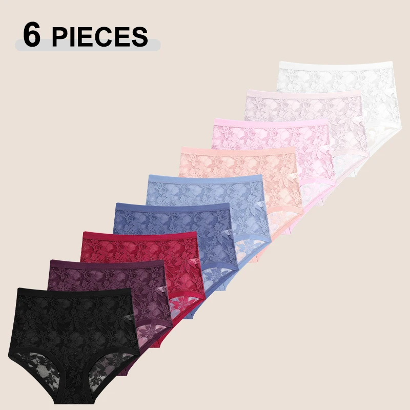 6-teiliges Set sexy Spitzenunterwäsche für Damen, nahtlose, hochtaillierte, einfarbige Slips, atmungsaktive Damenunterwäsche