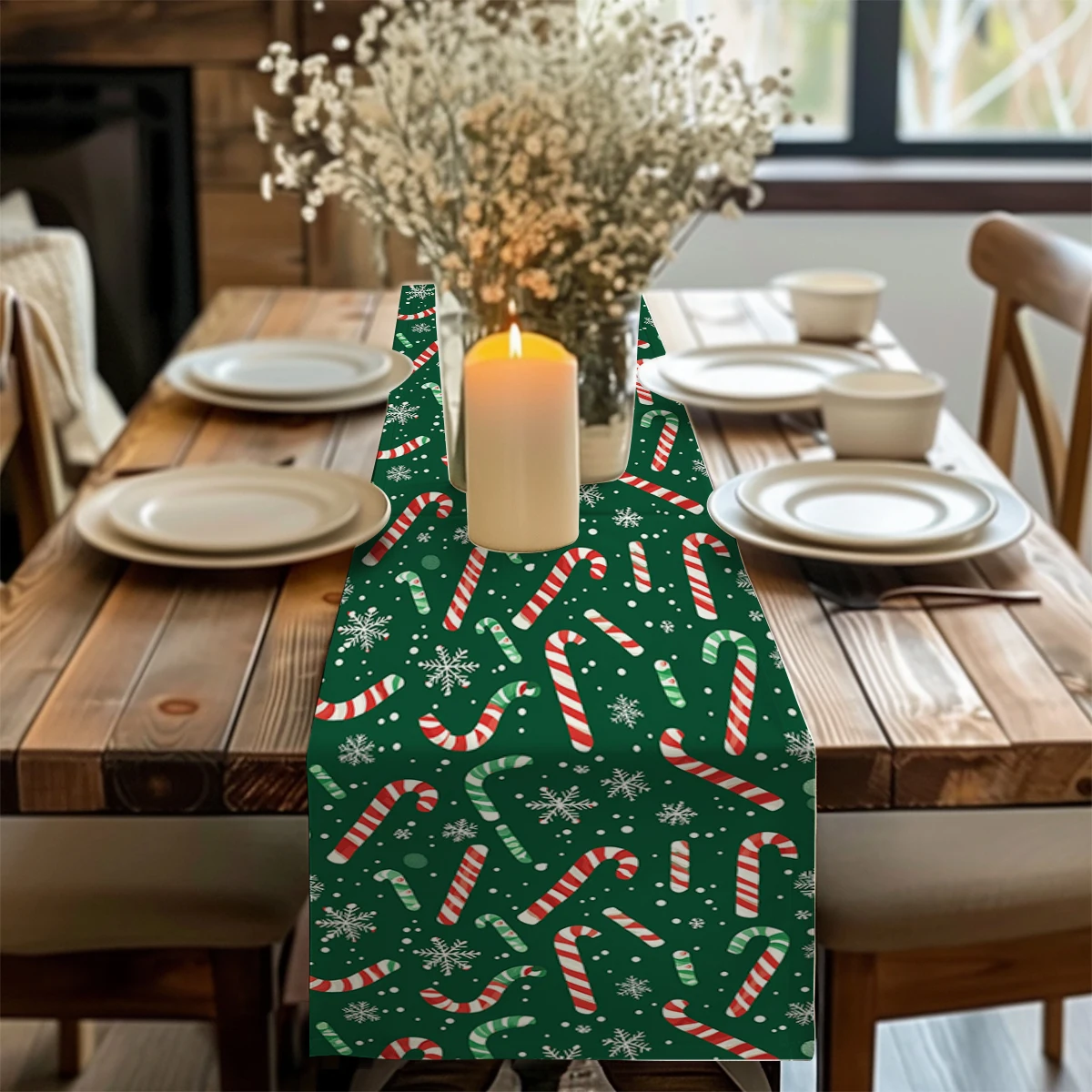 Christmas Green Candy Snowflake Table Runners Dresser Decor for Kitchen Holiday Party Table Runner Washable Dining Long Cloth