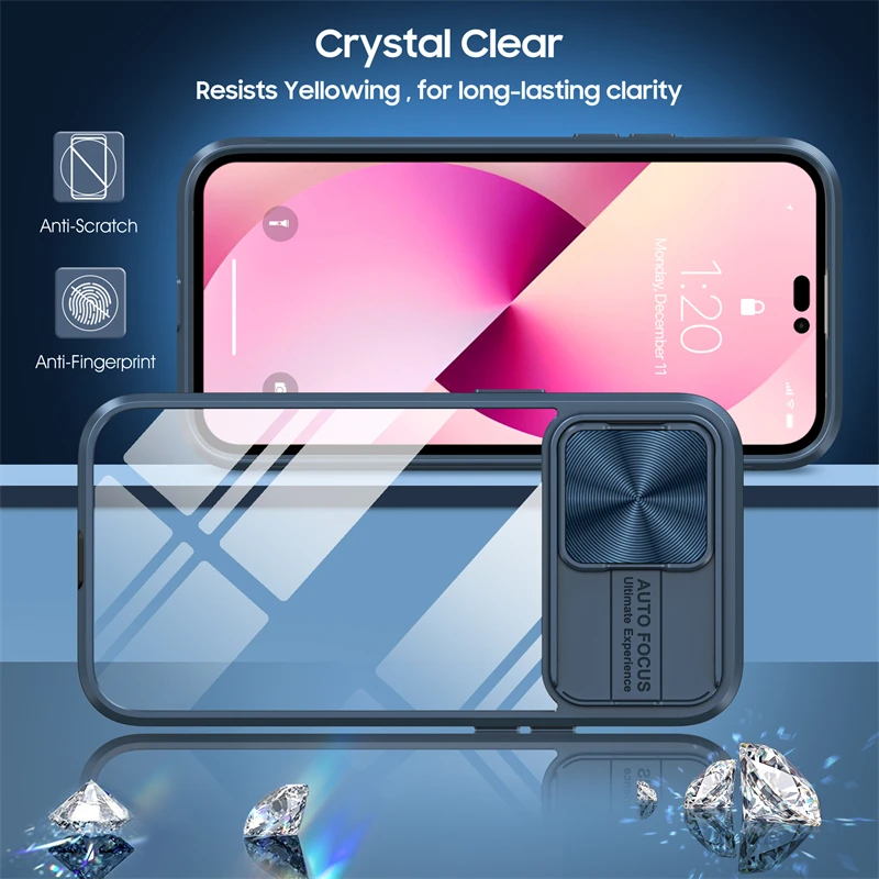 Slide Camera Protection Hybrid Acrylic Clear Case For iPhone 16 15 14 13 12 11 Pro XS Max XR 7 8Plus Shockproof Armor Hard Cover