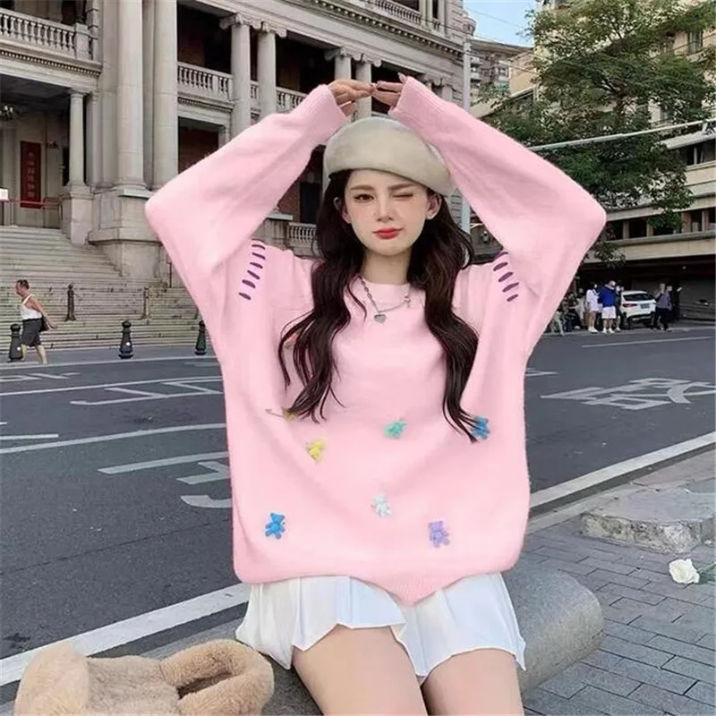 Stylowy koreańskie Kawaii sweter damski jesienno-zimowy z długim rękawem luźne góra sweter z okrągłym dekoltem codzienna moda damska elegancki