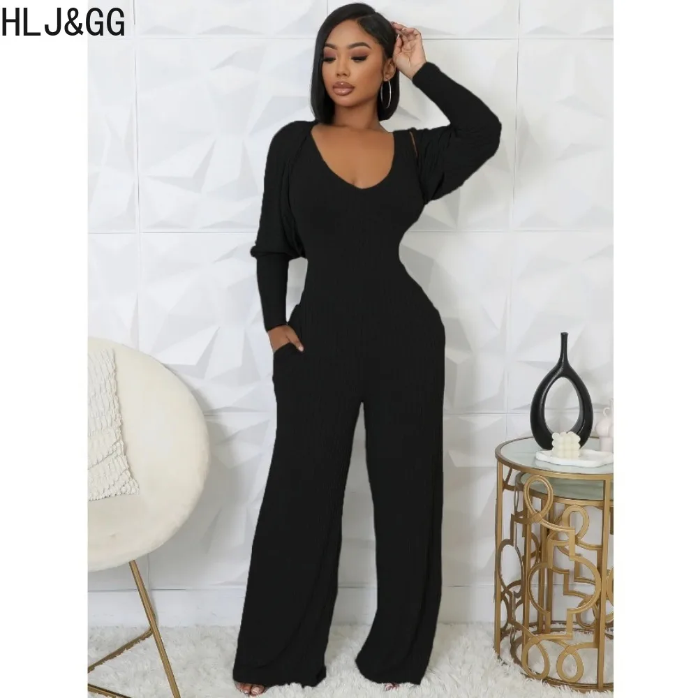 HLJ&GG Casual Ribber Wide Leg Pants One Pieces Jumpsuits Two Piece Sets Women Sleeveless Playsuit And Long Sleeve Top Outfits