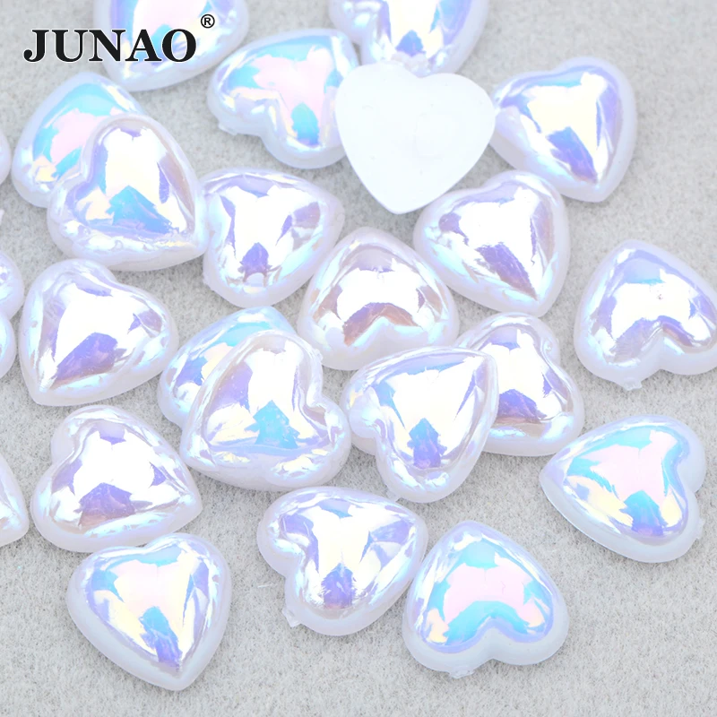 JUNAO 12mm 100Pcs White AB Heart Pearl Flatback Pearl Half Pearls Imitation Beads For DIY Crafts Wedding