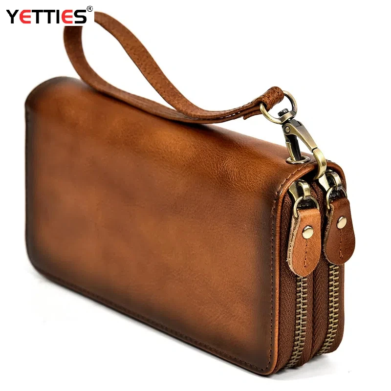 YETTIES Men's Crazy Horse Leather Long Wallet Genuine Leather Double Zipper Wallet Cowhide Clutch Retro Casual Clutch Bag