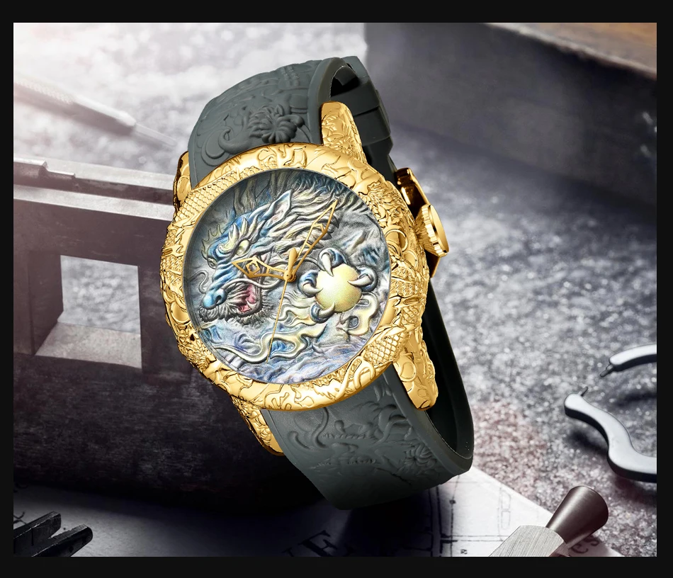 BIDEN men's luxury large dial 3D carved dragon dial waterproof quartz watch comes with a delicate watch box as a gift