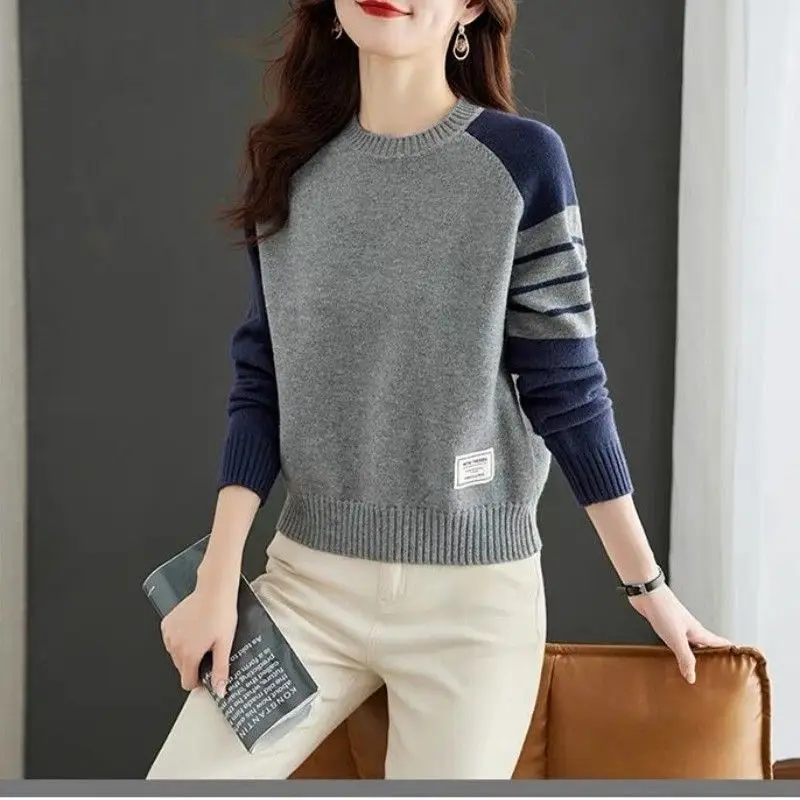 Spring Autumn New Women Pullovers Sweaters Korean Fashion Female Loose Casual O-Neck Contrast Color Long Sleeve Knitted Tops