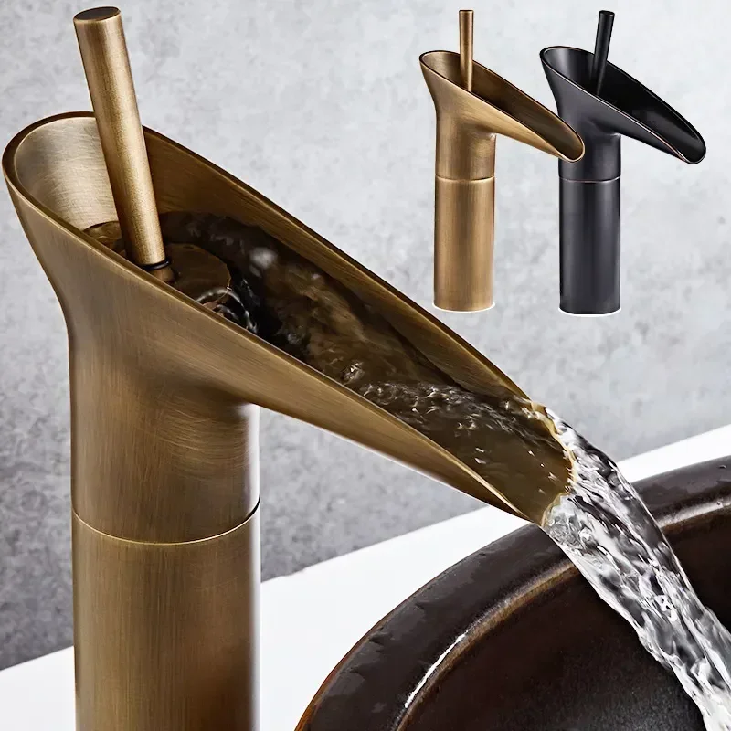 YYHC- single handle Antique brass faucets Deck mounted Black waterfall bathroom sink faucet