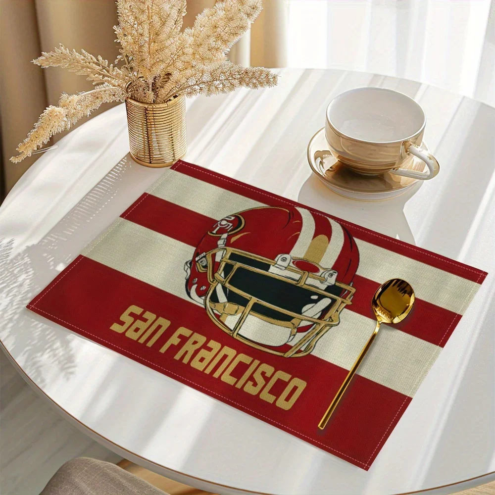 4 قطع من مفارش سان فرانسيسكو 49ers - تصميم مخطط لفريق NFL مع أواني ذهبية وتناول الطعام ومشجعي كرة القدم وديكور الحفلات