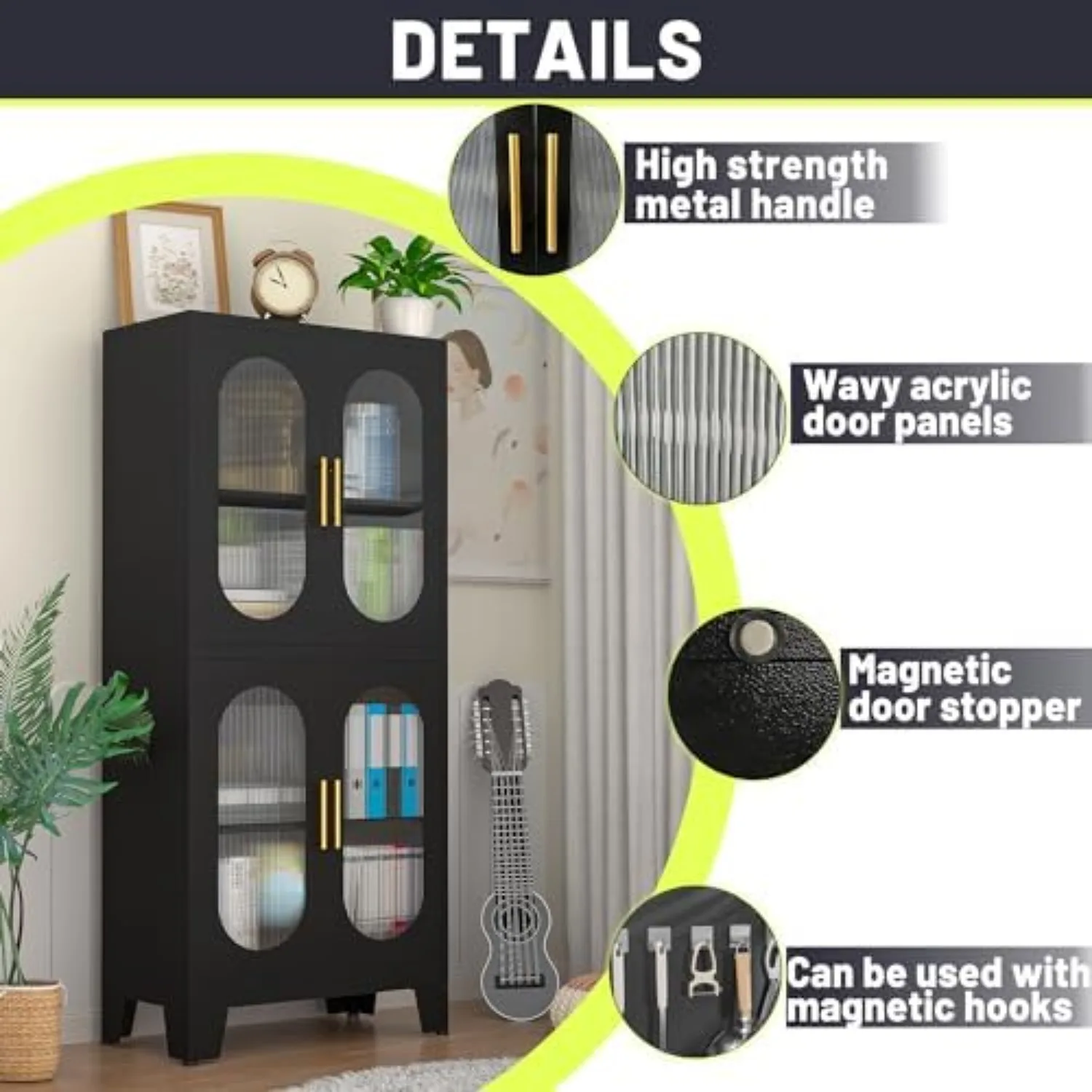 61" Black Pantry Storage Cabinet, Kitchen Pantry Cabinet with Acrylic Glass Doors and Shelves, with Adjustable Leveling view 3