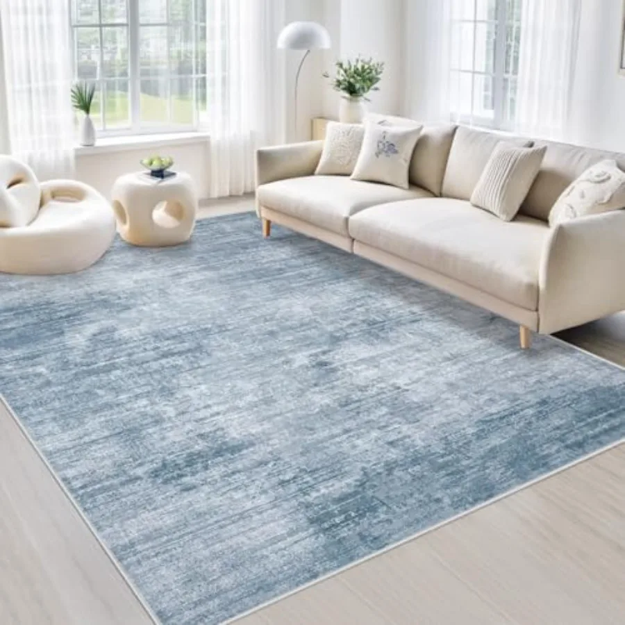 

Washable modern abstract area rug for living room: soft non-slip neutral 6x9 ft indoor carpet in blue, stain-resistant, suitabl