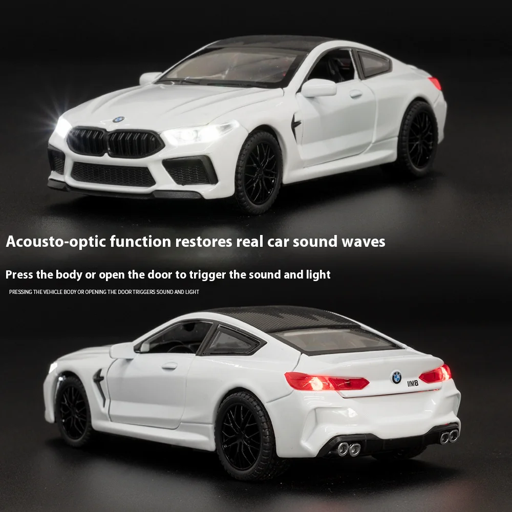 1:32 BMW M8 Alloy Car Model, Sound & Light, Spring-back Action, Kids\' Playroom Toy & Collector\'s Item