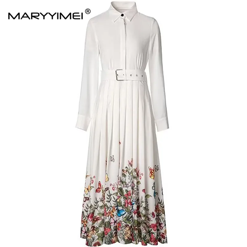 

MARYYIMEI Autumn Women's Pleated Dress Turn-Down Collar Long-Sleeved Lace-Up Streetwear Cotton Long Dresses