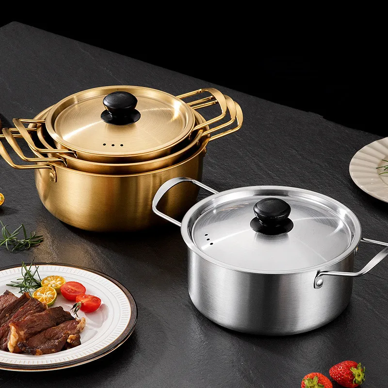 Korean Stainless Steel Instant Ramen Pot with Cover Golden Cookware Double Ears Cooking Pans Camping Noodles Pot Saucepan