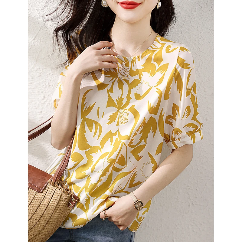 Elegant O-Neck All-match Printed Chiffon Blouses Women Clothing 2024 Summer New Loose Short Sleeve Chic Tops Sweet Shirts