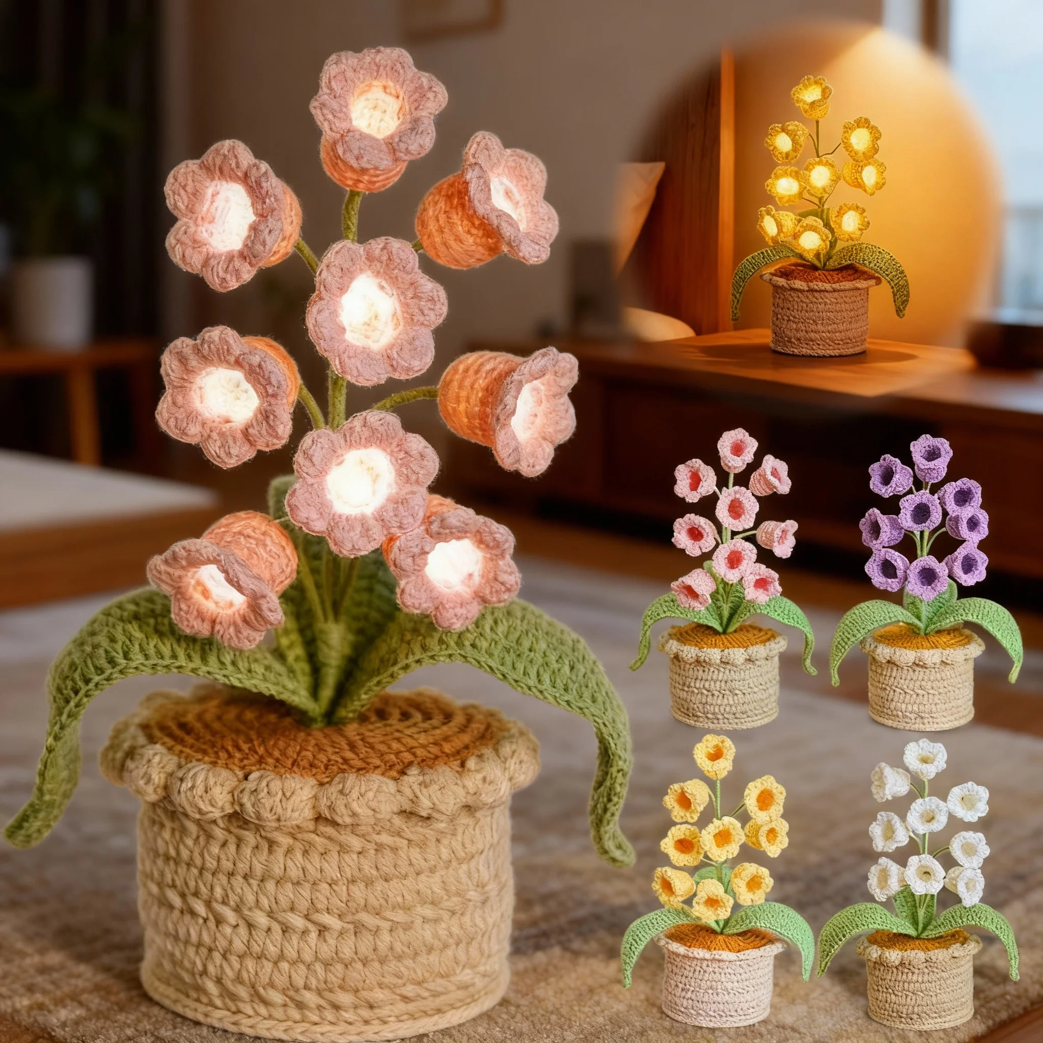 Lily of The Valley Lamp,Crochet Artificial Flowers with Night Lights,Cordless Table Lamp- Women Gift Ideas,Desk Home Decorations
