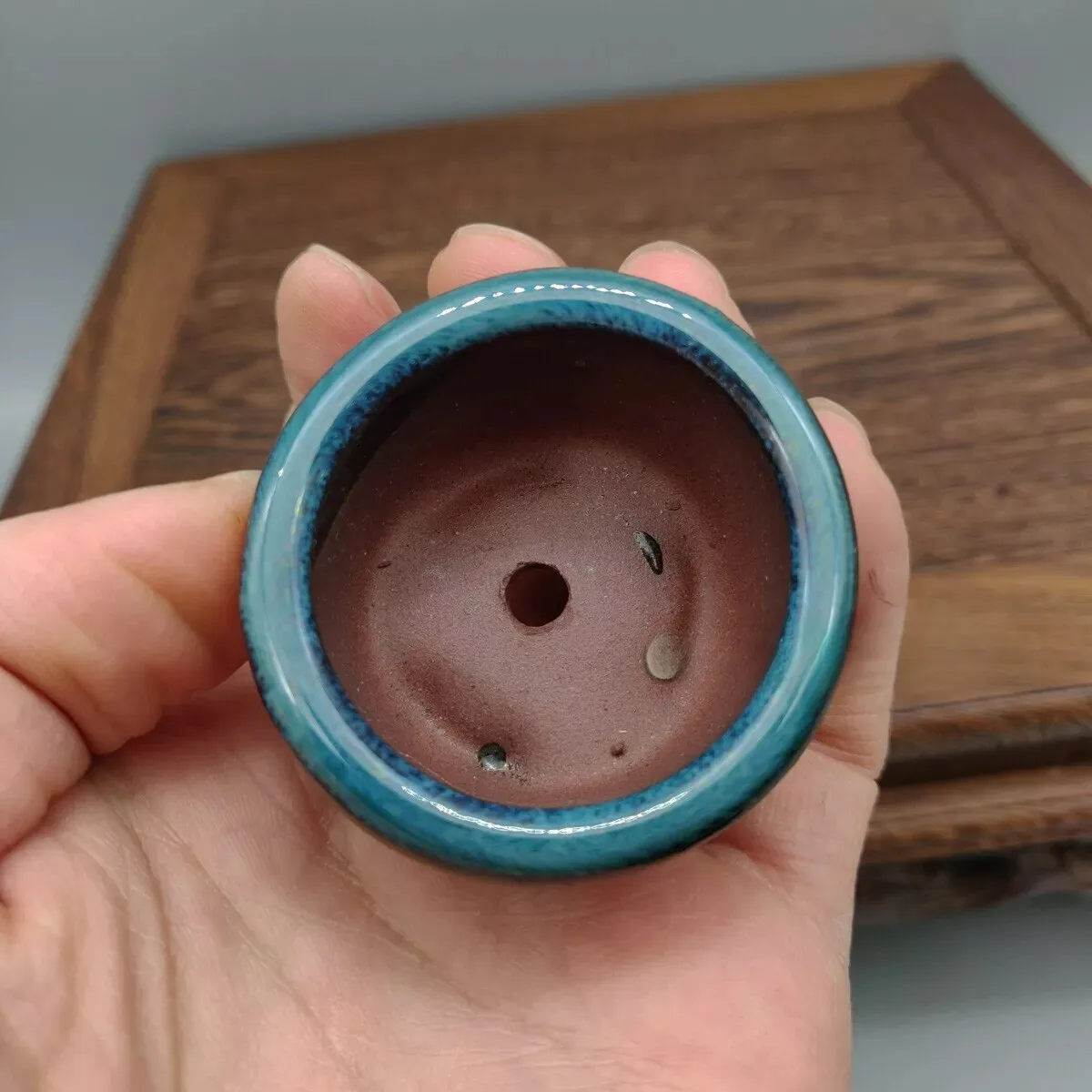 Round Blue Glazed Mini Mame Bonsai Pot 4.6x4.6x2.8cm