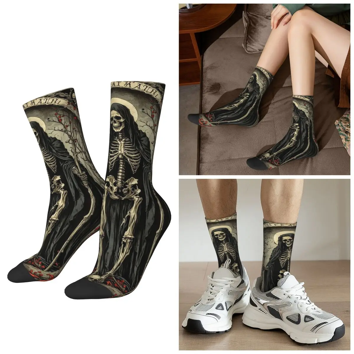 All Seasons Death Tarot Card Halloween Skull Reaper Socks Harajuku Crew Socks Casual Stockings for Unisex Valentine's Day Gifts