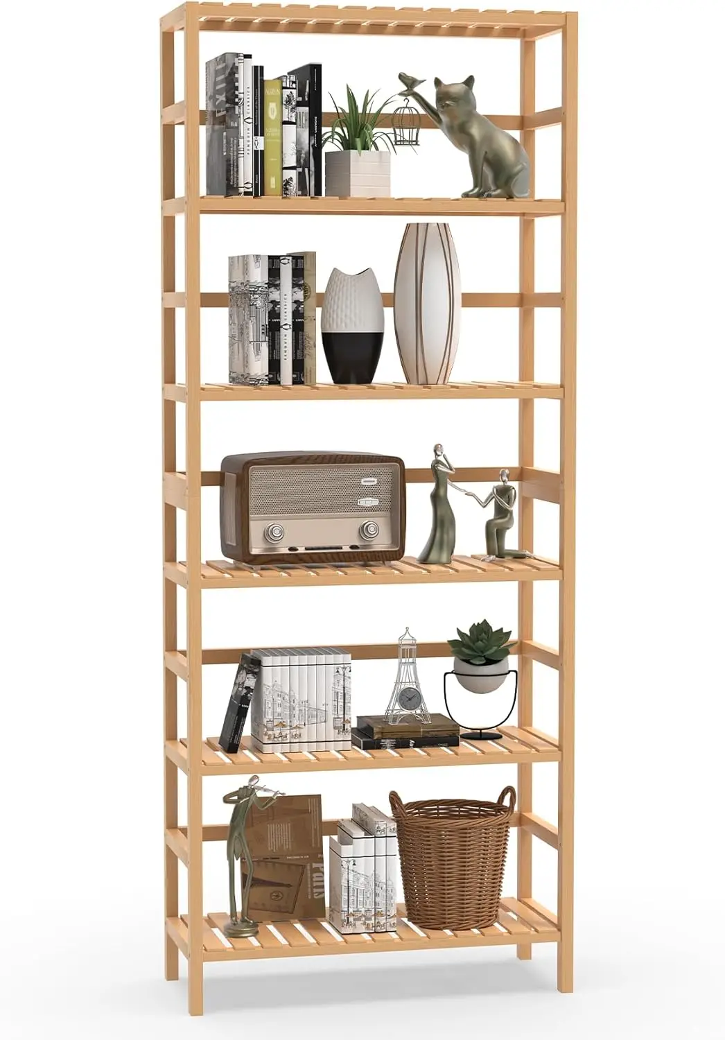 Bookshelf,6 Tier Bamboo Adjustable Bookshelves,Tall Bookcase Shelf Storage Organizer