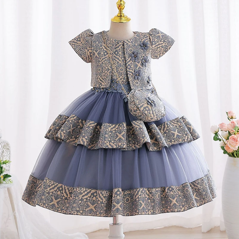 New 3-10 Year Old Children\'s Coat Embroidered Girl Princess Dress Tulle Cake Dress Girl Birthday Party Evening Dress+Bag