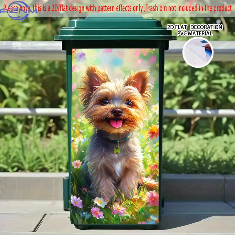 1pc 2D/FLAT Self-Adhesive Dustbin Stickers - Yorkshire Terrier in Flower Field Design, 14.57×32.28inch, Creative Dustbin Stick