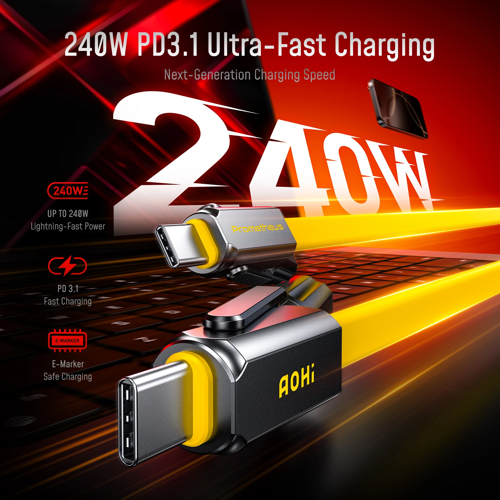 [NEW] AOHI PROMETHEUS 3-IN-1 240W USB C Multi-Function Charging Cable With Ignitor  Magnetic Attraction Keychain Fast Charging