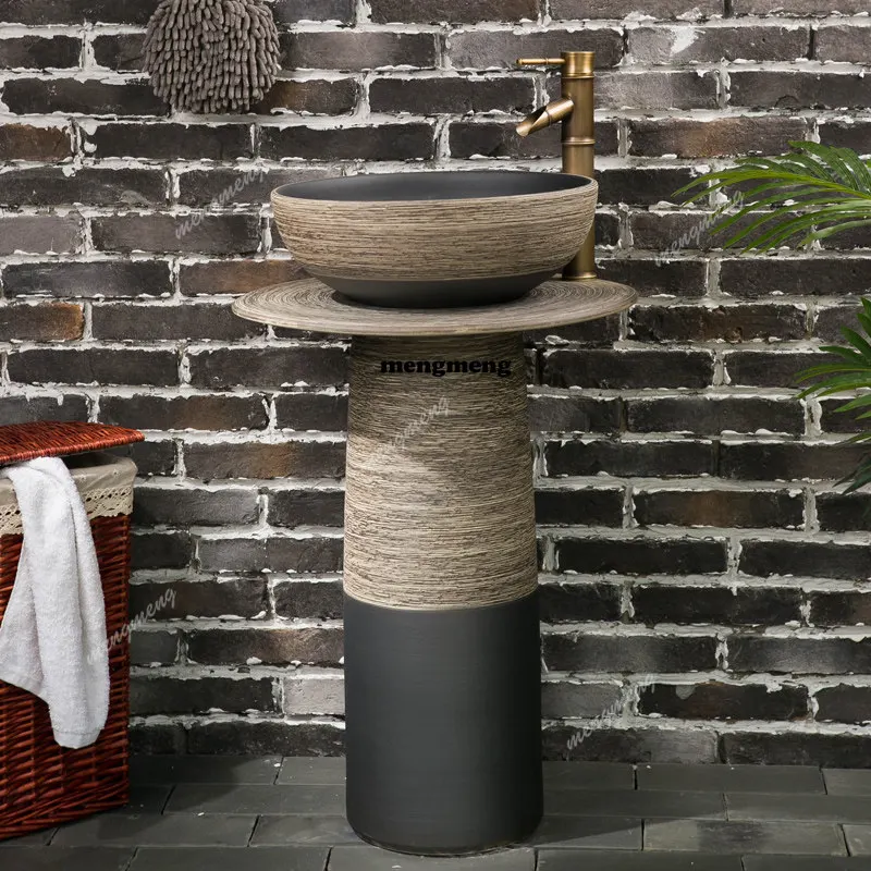 Retro-Säulenwaschgesicht, integriertes Säulenwaschbecken für den Außenbereich, Waschbecken aus Keramik im Innenhof