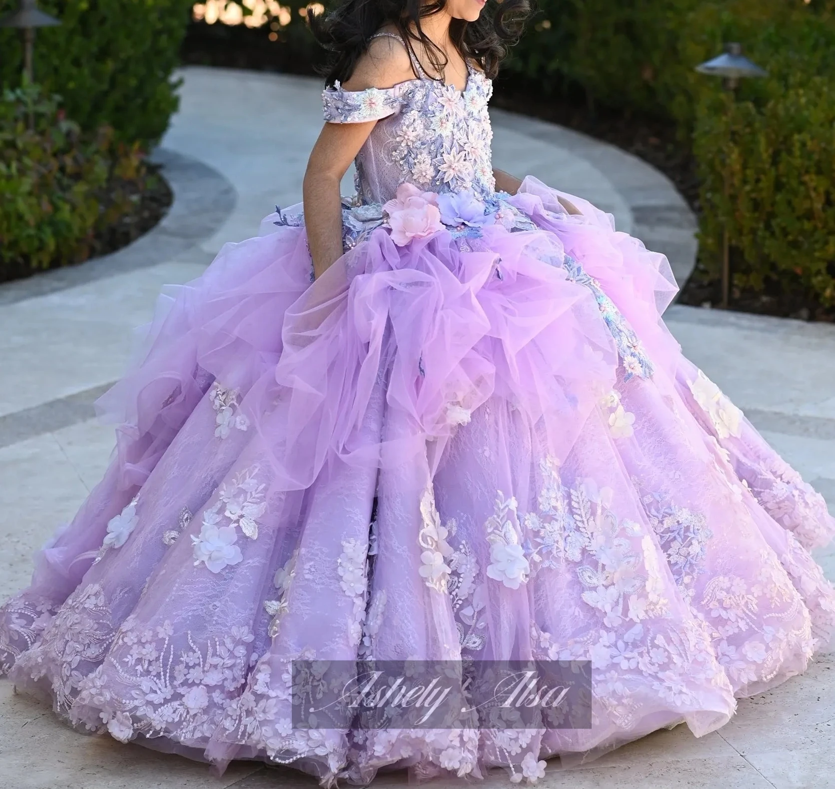 Princess Flower Girls Dresses For Wedding 3D Floral Lace Appliques Lanvender Brithday Party Kids Formal Wear Toddler Pageant