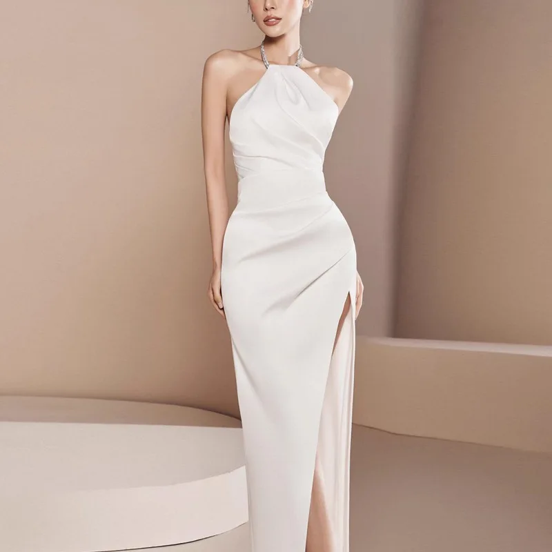 

Women's Evening Dresses Elegant White High-Fashion Rhinestone Chain Neckline Fitted Waist Split-Hem Dress Party Dress
