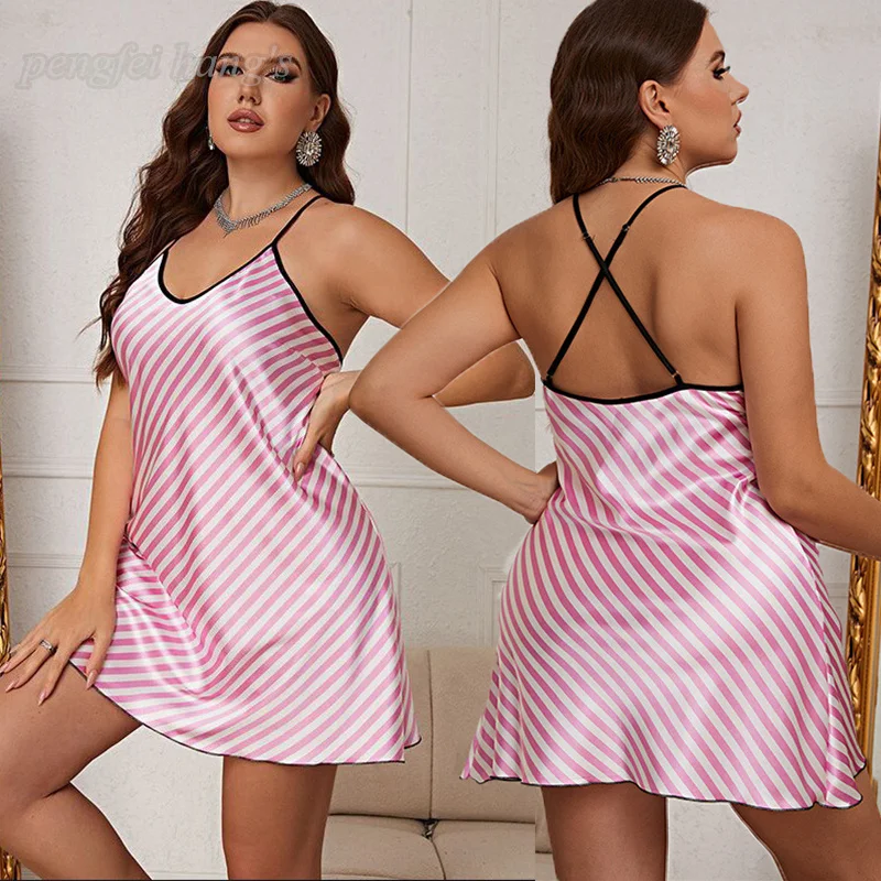 Sexy Print Strawberry Nightgown Women Plus Size 3Xl 4Xl 5Xl Sleepwear Satin Mini Leisure Homedress Summer New Lingerie