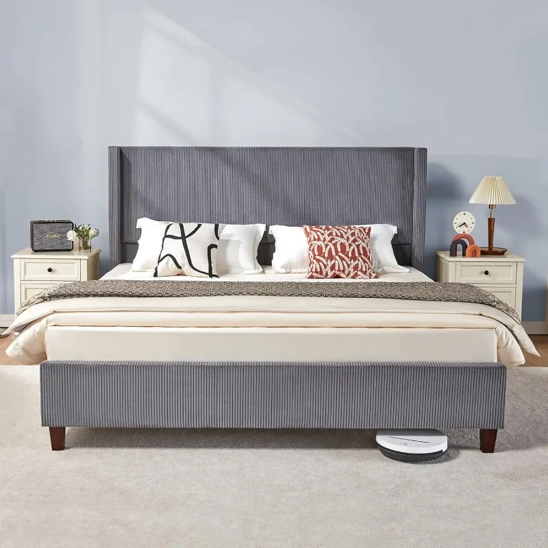 

Queen Size Platform Bed Frame 50.8" Corduroy Upholstered Bed with Vertical Channel Tufted Headboard/Wooden Slats/Wingback Grey